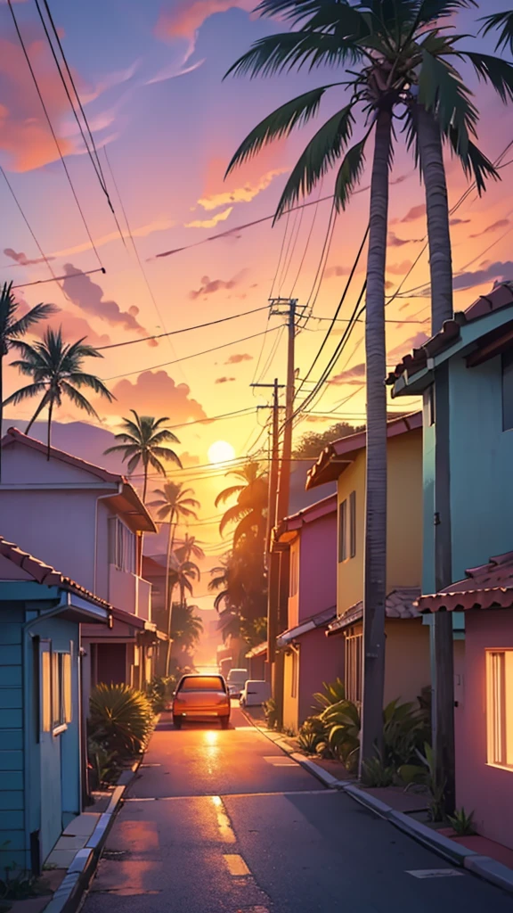 Digital illustration depicting a vibrant sunset scene in a tropical setting. The layout features a street lined with palm trees and small houses with tiled roofs on the left side. A classic red car is parked on the street, facing away from the viewer, with its license plate visible. The sky is ablaze with shades of orange, red, and purple, casting a warm glow over the entire scene. Power lines stretch across the sky, The overall atmosphere is serene and nostalgic, capturing the beauty of a tropical sunset. The artist's signature is present in the bottom right corner.
