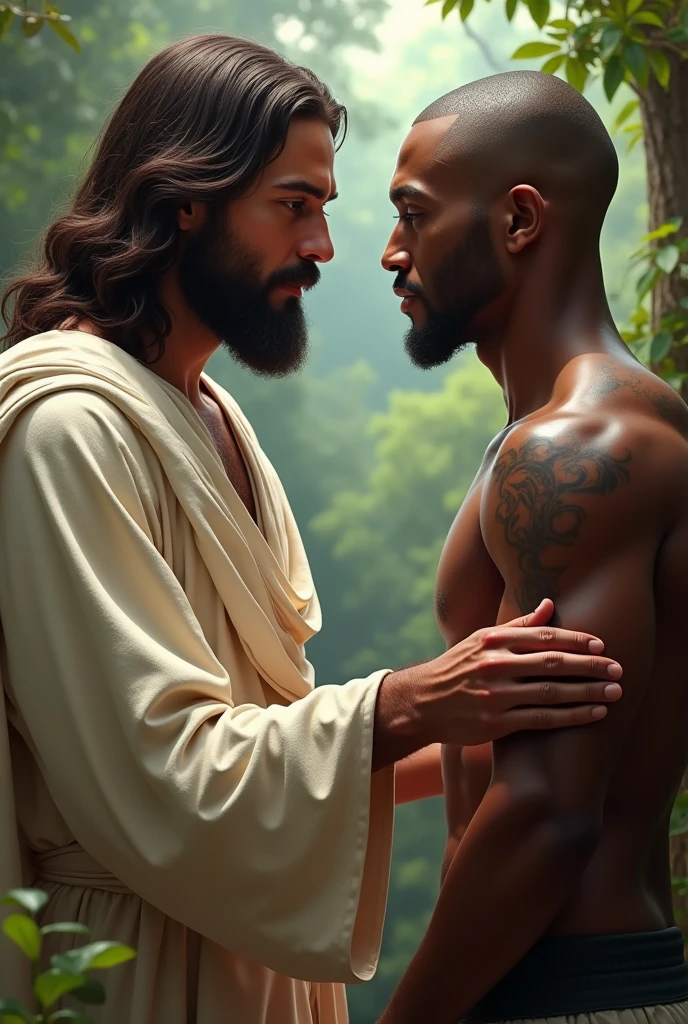 Jesus giving instructions to a black mma fighter