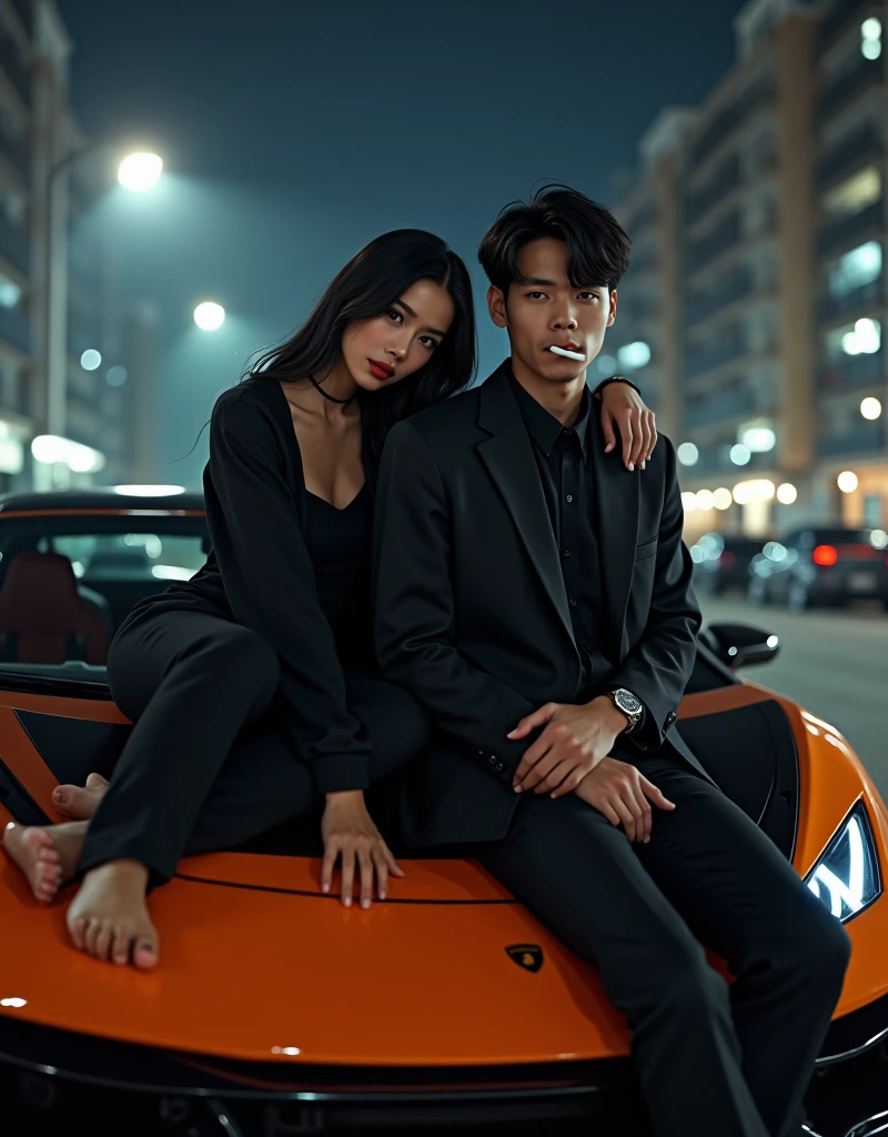 Ultrawide shoot photography, beautiful and handsome couple in formal suits, exuding egoism. Sitting on the hood of a black and orange Lamborghini, the handsome man was wearing minus glasses, about 24 years old, smoking a cigarette, and next to him was a beautiful girl with long straight black hair, leaning on the man's shoulder. Mavia vibes, background of a luxury apartment parking lot in Seoul Korea at night, Ultra-realistic rendering with professional lighting, emphasizing contrast and shadows. Ultra realistic, face facing the camera, interesting composition, photo shoot, promo shot, illusion, long shot, face facing the camera