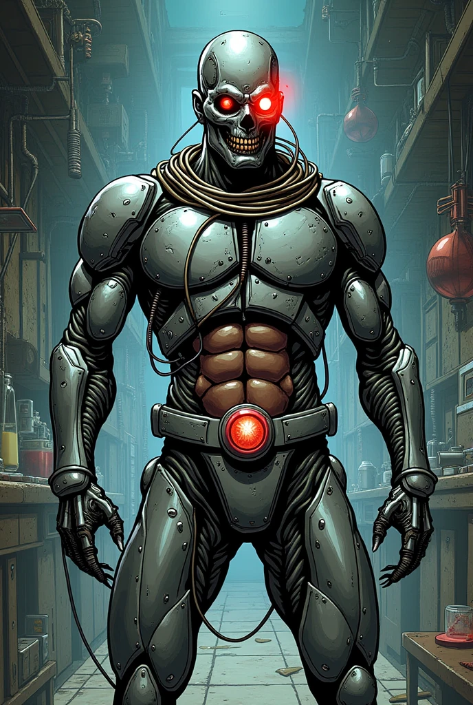 A comic book-style illustration of Ferrum Domnus, the Mad Scientist. He is depicted as a semi-mechanical being with parts of his flesh fused to advanced metals. His torso is a grotesque blend of human skin and metallic plates, with exposed cables and wires running through his body. His face is partially covered by a metallic mask that replaces one eye and part of his jaw, with a glowing red mechanical eye that contrasts sharply with his manic expression. His hands are long, skeletal, and end in sharp metallic claws, ideal for precise manipulation and brutal attacks. He wears a tightly fitted metallic suit covered in gears and mechanisms, emitting lights and vibrations, as if he is in a constant state of modification. The background should hint at a chaotic laboratory, filled with mechanical devices, half-finished experiments, and an eerie atmosphere of technological madness.