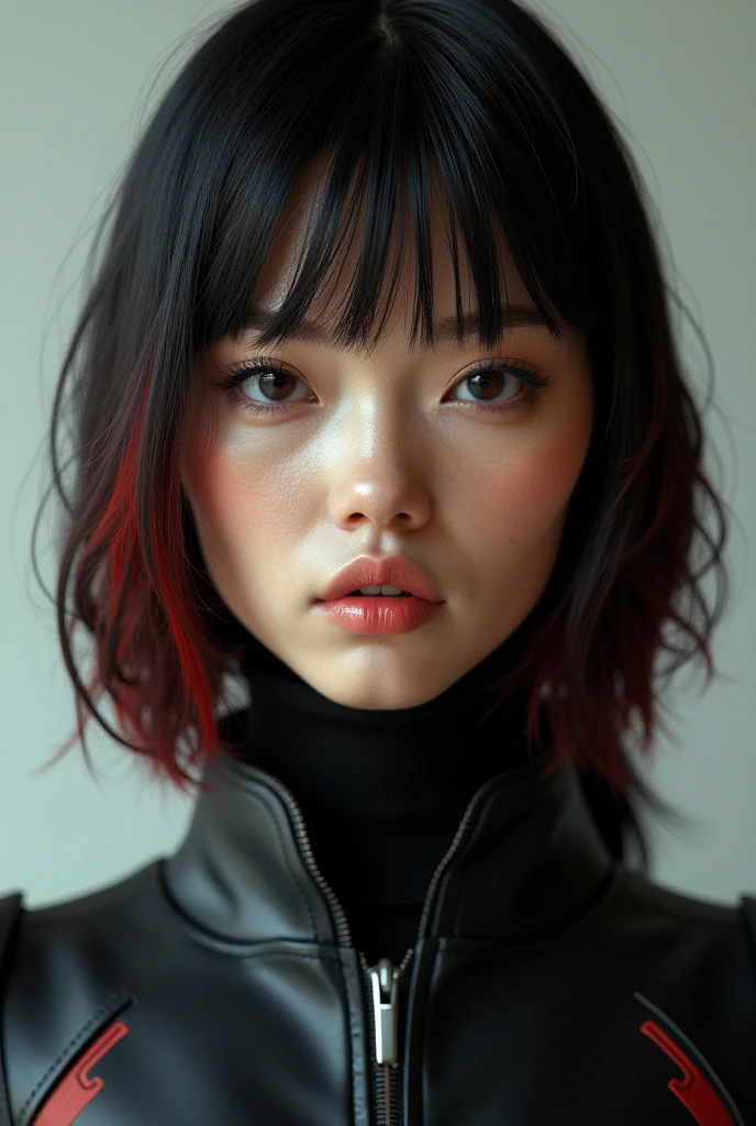 (photorealism:1.2), lexa doig as Rommie, black and Red hair, pout, neutral facial expression, frontal view, standing streight, high resolution, highly detailled,
