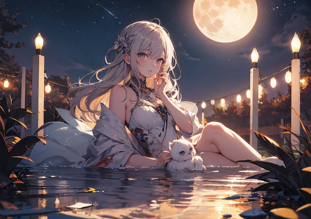 Realistic photos, Focus distance 10mm, Red and white, Beautiful girl, Realistic photos, Shooting at focus distance 10mm, masterpiece, 最high quality, high quality, Very detailed CG 8k wallpaper unit, Award-winning photography, Depth of written boundary, High resolution, bloom, chromatic aberration, Realistic, Very detailed, Art Station Trends, CGsociety Trends, Complex, High detail, dramatic, Art on the go, volumetric lighting, A beautiful girl in the style of a Disney princess is meditating on a full moon night. She is lying on her side, bathed in moonlight, concentrating on her meditation. The background is a quiet night sky with stars