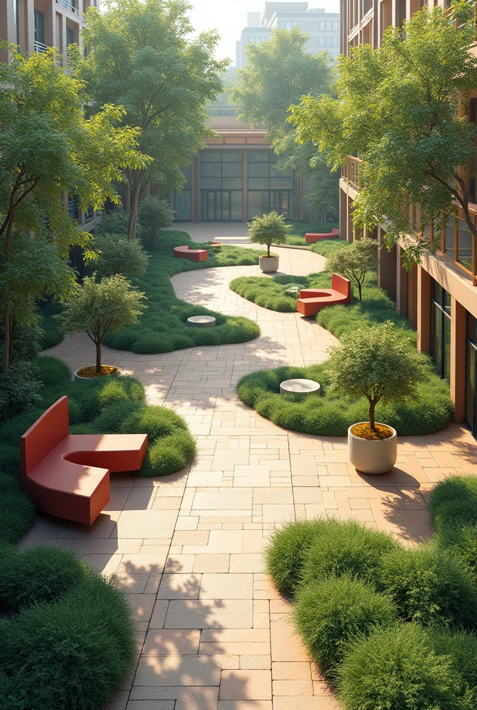 Design a space for students where they can do activities such as studying, investigate, socialize, must have movement, Repetition, These are the minimum principles that the project must have. In a small square with vegetation. The space must be a sidewalk type with some type of roofing..