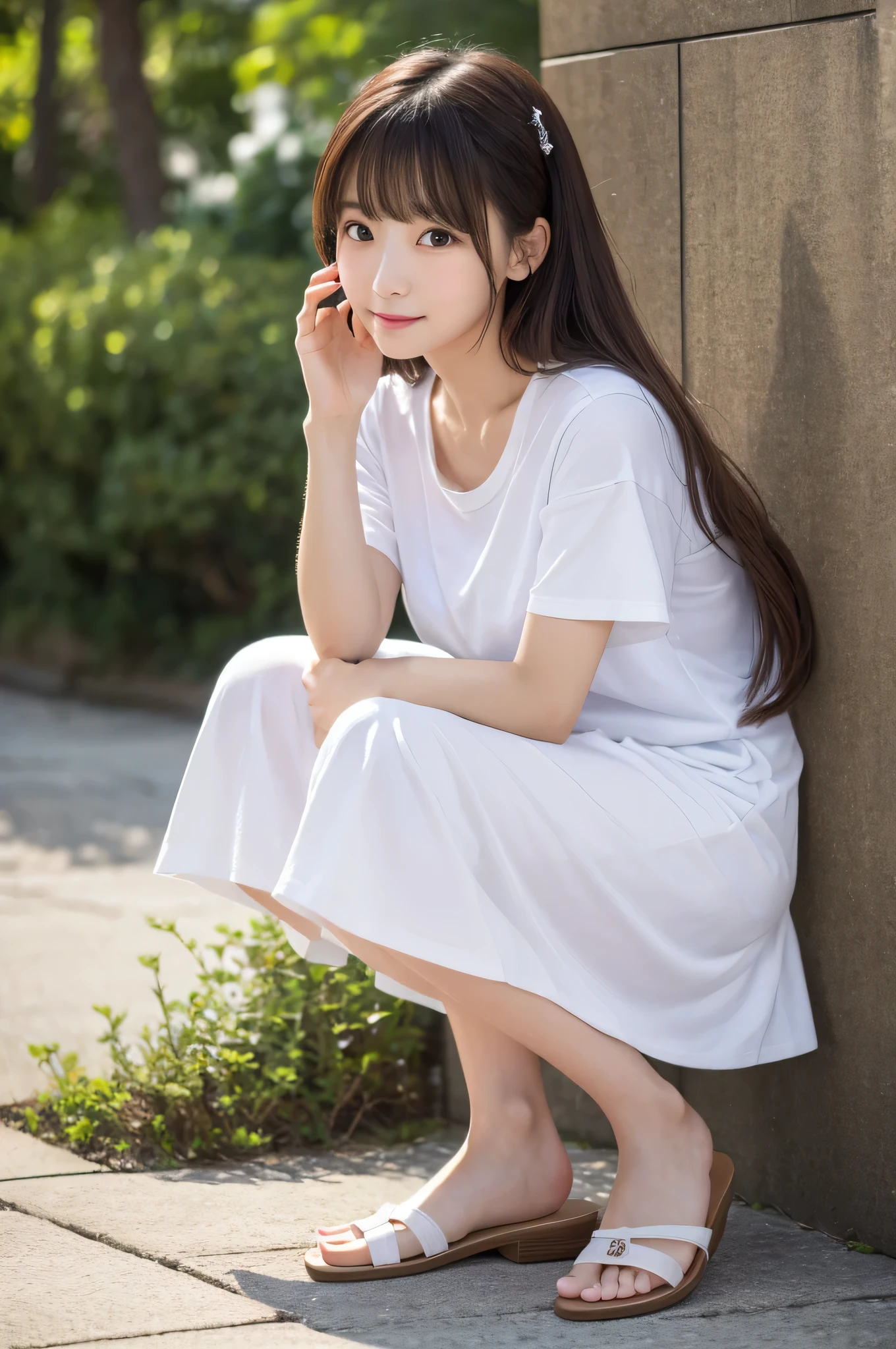 Tabletop, 最high quality, figure, Very detailedな, Fine details, High resolution, 8k wallpaper, Perfect dynamic composition, 美しいAttention to detail目, Natural lips,The best texture, high quality, Ultra HD, 8k, whole bodyphotograph, Realistic, Very detailed, Attention to detail, Ultra Clear,Japanese One person alone semi-long Wave cute photograph Real front Whitening older sister looking at the camera Small face Adult-like summer Beautiful feet whole body I wore mules Ultra high definition Long skirt T-Shirts mature turn around