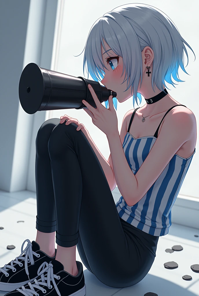 A anime girl wa huge man's dick in her mouth Hair: White with blue tips, can be straight or slightly wavy, offering a striking visual contrast.eyeballs: blue, with an intense and expressive look, reflecting a sense of depth and heroism.Clothing:chemise: striped, long branch, with black and white stripes. The shirt can have a fitted or casual design., reflecting a modern style.pants: black, tight fitting, for a simpler, more elegant look.tennis: black, with a modern and comfortable design.Accessories:aretes: black, cross-shaped, adding a stylized touch to the look.choker: black, tight fitting ao pescoço, providing a sophisticated detail