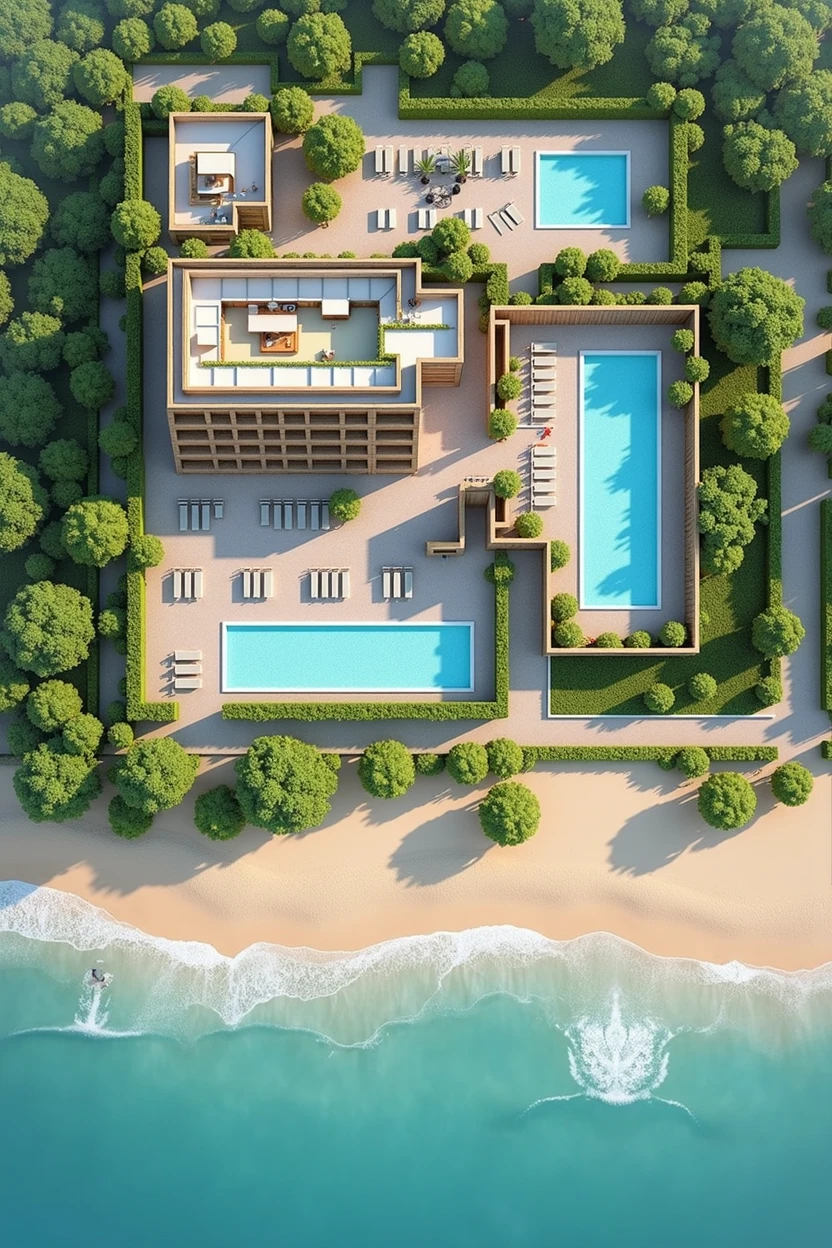 1D beach hotel floor plan containing reception area, a restaurant, The recreation space, the rooms, A SPA area, An area for people with disabilities, 3 swimming pools, Connection with green areas, That can be like an open space, The L-shaped parking lot One part in front and the rest alongside, 2 closed sewage wells in the green area outside the hotel