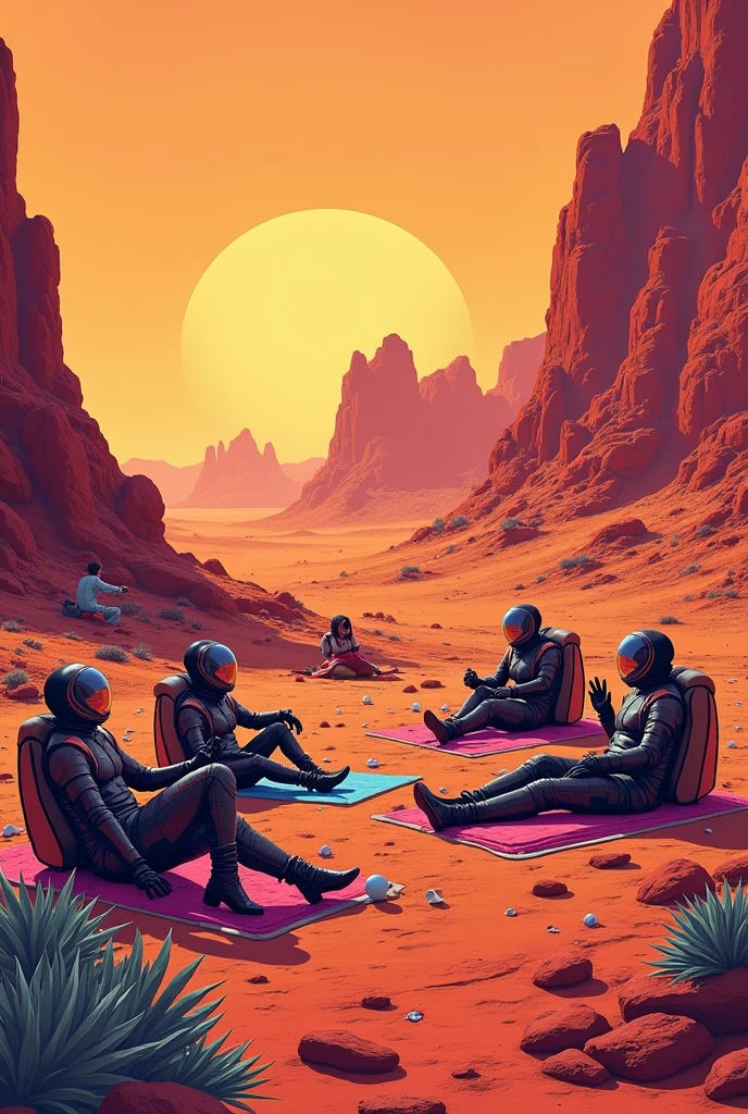 A planet mars party poster with people relaxing on rocks out of space