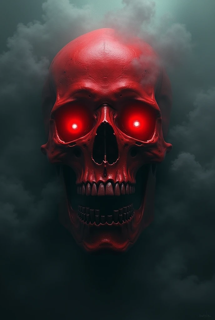 Red skull without lower jaw and dark fog surrounding it with "Kalki Connects" written on it