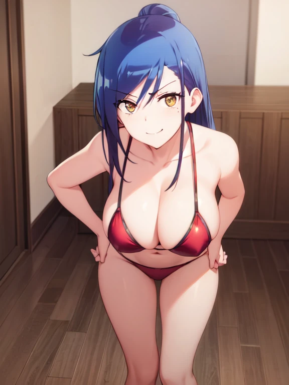  masterpiece, best quality, large breasts, 1girl, solo, arrogant face, looking at viewer, front, big breasts, front, cleavage, both hands on hips, evil smile, breast focus, smirk, height 145cm, red bikini, fumino furuhashi