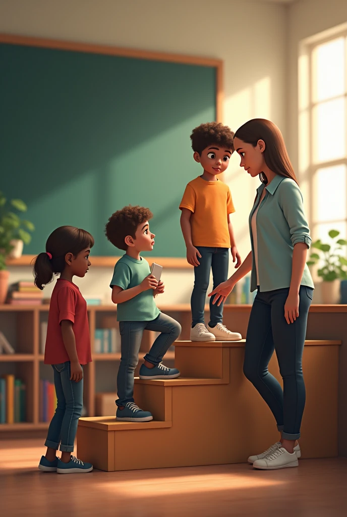 Make an image of a teacher who is arranging her students on a three-step staircase. On the bottom step there is a child who does not have much money. On the second step there is a child who is distracted by something else because he has attention deficits. And on the last step there is a child who has a lot of money.