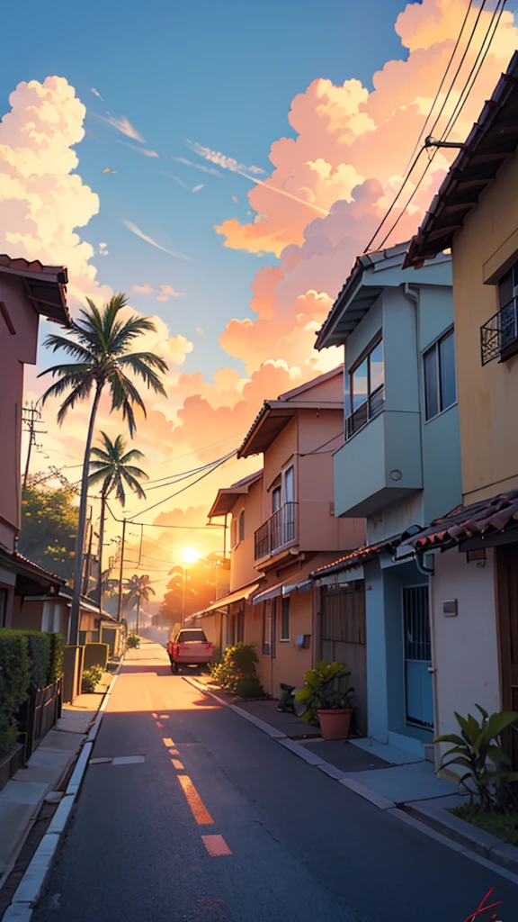 Digital illustration depicting a vibrant sunset scene in a tropical setting. The layout features a street lined with palm trees and small houses with tiled roofs on the left side. A classic red car is parked on the street, facing away from the viewer, with its license plate visible. The sky is ablaze with shades of orange, red, and purple, casting a warm glow over the entire scene. Power lines stretch across the sky, The overall atmosphere is serene and nostalgic, capturing the beauty of a tropical sunset. The artist's signature is present in the bottom right corner.