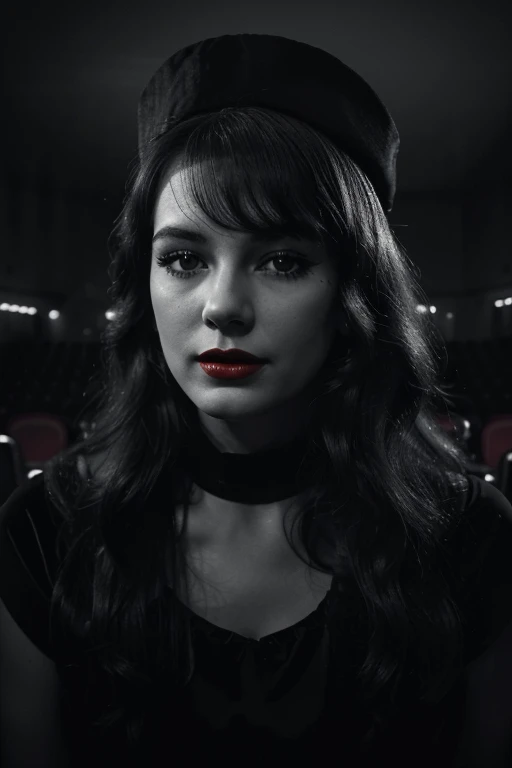 (silhouette,spotlight, Sin_City_Style, monochrome,),(((close up portrait))),
a beautiful young woman,:2.5,pale skin,clean skin,perfect skin,((red lipstick)),long wavy hair,
Wearing Red Hair Ribbons,Wearing a Pillbox Hat,Flaunting Vidal Sassoon's Five-Point Cut Haircut,Inside a 1950s Theater: Red seats, gold accents, velvet curtains,
(simple background,dark background),
(1950s style,retro,vintage, (((hard lighting, high contrast, bright lights, dark shadows))), ((flat colors))):1.8,SixtiesRamada,lowangleview-3000,defiance512,