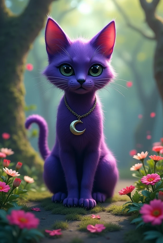 Catnap, full body, standing, looking at viewer, smile, closed mouth, black eyes, (crescent-shaped necklace), black eyes, black mouth, purple fur, full body, Vore, POV, Tongue, saliva, mouth, in a Forest with a forest with flowers 