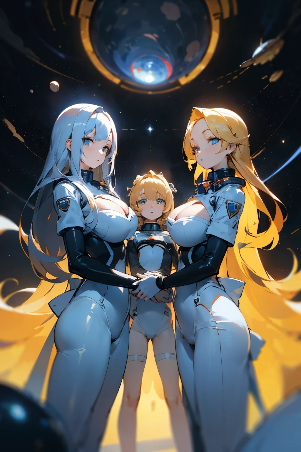 Masterpiece, 4girls, each dressed in sleek black spacesuits. The maids are wearing identical uniforms, beauty and cute, high detailed, dinamic lighting, vivid colours, ultra large saggy breasts, massive cleavage exposed, A giant spacecraft navigating interstellar space, Sophisticated design, huge geometric figures stacked in layers,standing, white skin, blue eyeballs, blonde hair, happys, various hair styles, harem, perfect eye, perfect face, Symmetrical eyes, well-aligned, with a natural and proportionate gaze, Observing their master with a servile gaze.