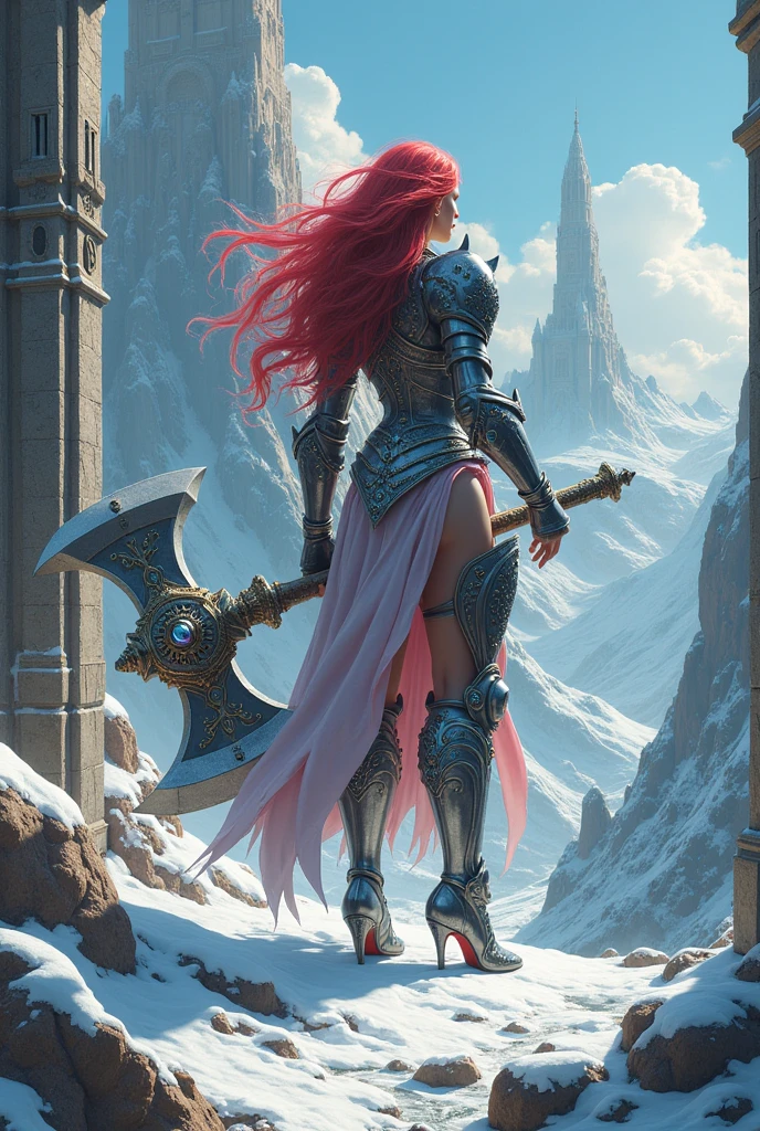 a fantasy art illustration of a  female giant knight armed with a mighty axe standing at the temple gates built on snowy mountain, (((she is as tall as the mountain: 1.3))) a wild beautiful, exotic beautiful giant knight, ((anatomically correct: 1.5), (ultra detailed face: 1.2), best detailed face, dynamic hair color, dynamic hair style, armed with a giant axe, shiny axe, its blade reflects the sunlight, studded with gems, wearing metal armor, dynamic armor color, wearing high heeled boots, standing near a fantasy temple, magnificent temple, with a tower, on snowy mountain (((she is as tall as the mountain:1.3))), vibrant, Hyperrealism style, vibrant, Ultra-high resolution, High Contrast, (masterpiece:1.5), highest quality, Best aesthetics), best details, best quality, highres, ultra wide angle, 16k, [ultra detailed], masterpiece, best quality, (extremely detailed) RAW, 