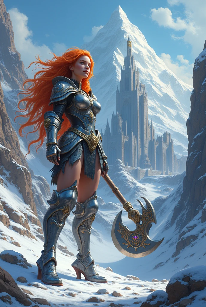 a fantasy art illustration of a  female giant knight armed with a mighty axe standing at the temple gates built on snowy mountain, (((she is as tall as the mountain: 1.3))) a wild beautiful, exotic beautiful giant knight, ((anatomically correct: 1.5), (ultra detailed face: 1.2), best detailed face, dynamic hair color, dynamic hair style, armed with a giant axe, shiny axe, its blade reflects the sunlight, studded with gems, wearing metal armor, dynamic armor color, wearing high heeled boots, standing near a fantasy temple, magnificent temple, with a tower, on snowy mountain (((she is as tall as the mountain:1.3))), vibrant, Hyperrealism style, vibrant, Ultra-high resolution, High Contrast, (masterpiece:1.5), highest quality, Best aesthetics), best details, best quality, highres, ultra wide angle, 16k, [ultra detailed], masterpiece, best quality, (extremely detailed) RAW, 