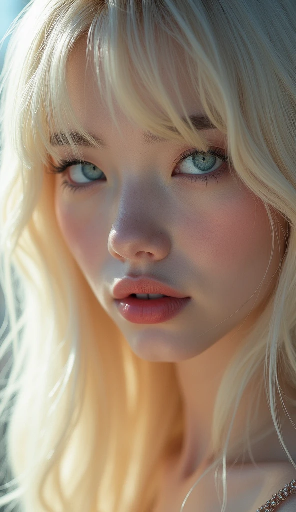 (a closeup:1.4)、(RAW shooting:1.2)、(Photorealsitic:1.4)、(masterpiece:1.3)、(top-quality:1.4)、bright expression、extremely beautyful girl、Extraordinary beautiful girl、Detailed cute and beautiful face、Beautiful bangs、Glowing white shiny skin、facial hairs、Bangs that extend to the face、Bangs between the eyes、Super long hair、Attractive light and dark platinum blonde super long straight silky hainer hair、Attractive glowing beautiful bright clear light blue big eyes、Luxurious dresses、Double eyelids、Lush bust、The upper part of the body、