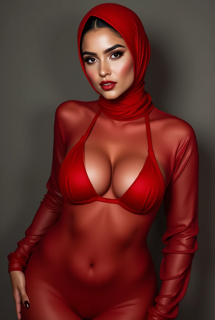 woman, red dress, hijab, big boobs, transparant, niple, Nagita Slavina face