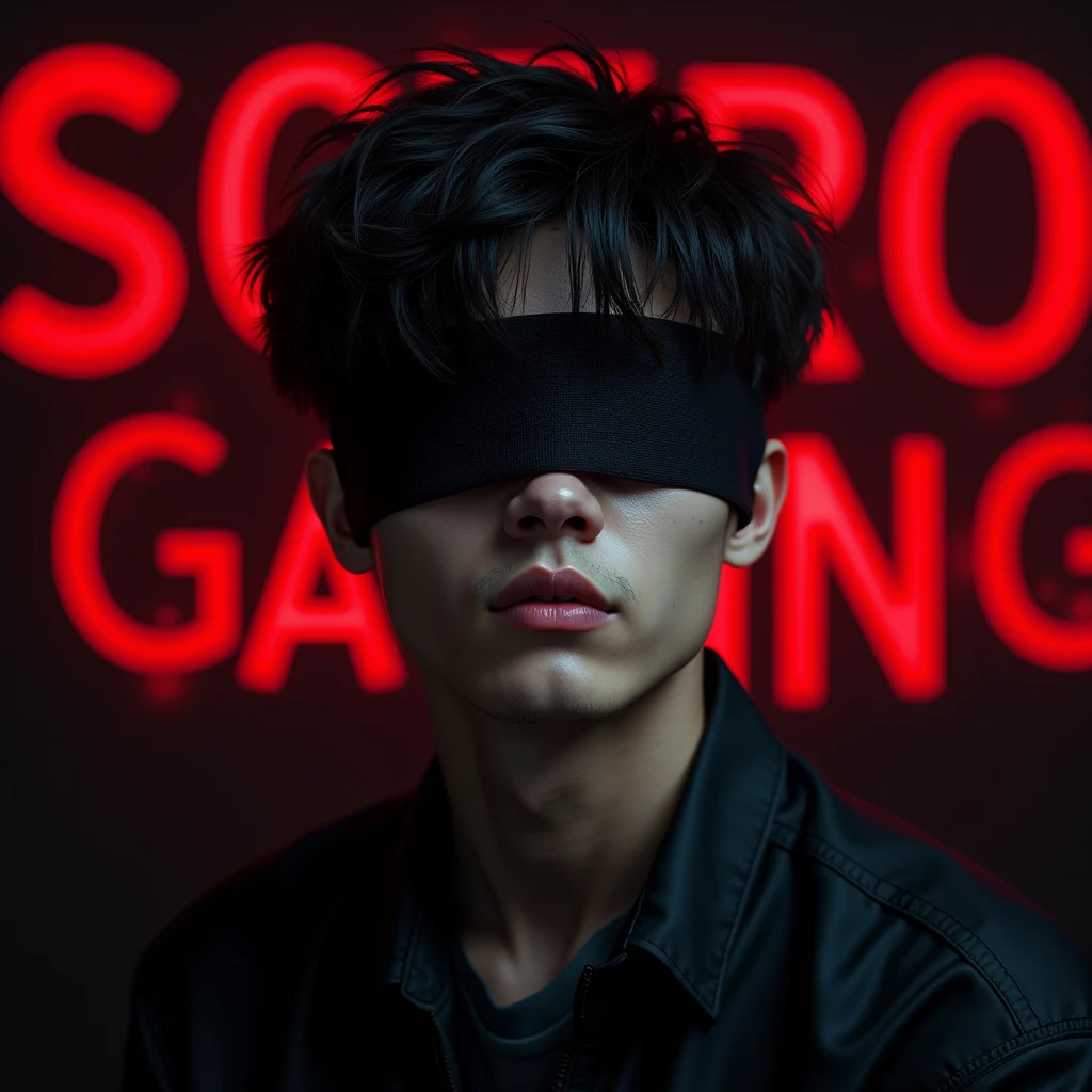 (photorealism:1.2),A Young Men A young Men with a Korean-like hairstyle with a cloth over his eyes and his background being Text The Name 'Sotero Gaming, dark red 8k Realistic