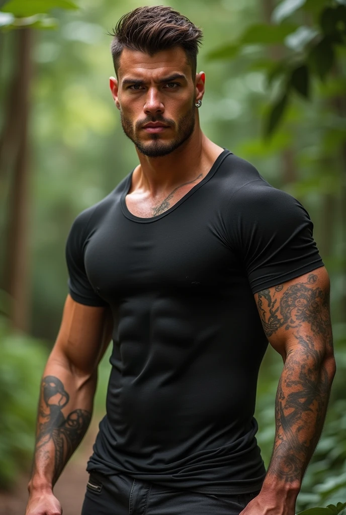 high, With a tanned complexion, short dark brown hair, Piercing brown eyes and a statuesque physique. Her daring look is accentuated by the piercings on her lower lip and ears., as well as the intricate tattoos that adorn his back and right arm.. Handsome Man Mixed View Viewers Real Light and Shadow 4K Sweaty Brunette Blue Eyes Sexy Man In Clothes Black Camouflage Pants, black compressed shirt