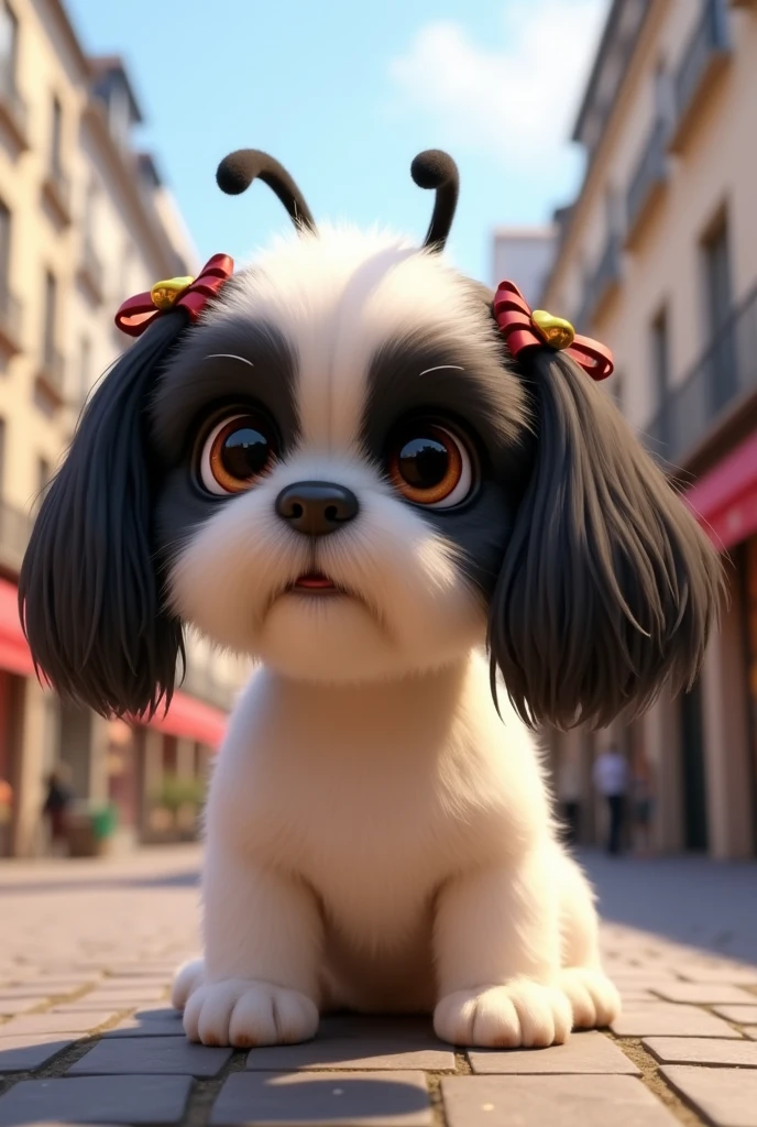 small shih tzu with small dark eyes small nose hair color on the sides of her eyes black with a white stripe.  long straight hair with two pigtails coming out of her head like a bee with small bows in the style of a Pixar animated film in Paris 