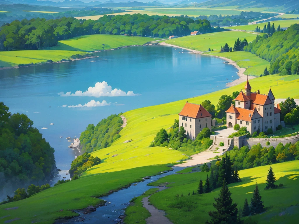 In this anime-style fantasy world, you see an expansive green landscape stretching as far as the eye can see. The sky is clear blue with a few scattered white clouds, and the warm sunlight bathes the scene, giving it a peaceful and inviting atmosphere.
In the distance, there's a small town filled with houses with orange and red rooftops. The most prominent feature is a large stone castle perched on a hill, with tall towers that stand out against the horizon. Some towers have flags gently waving in the breeze. Roads and bridges connect various parts of the town, making it look like something straight out of a fairy tale.
The vast green fields are dotted with large trees, and in some areas, colorful flowers bloom, adding vibrancy to the scene. A small river winds its way through the landscape, creating a soft, calming sound as it flows.
You might also spot some fantastical creatures, like small dragons or cute animals, wandering through the fields, adding a touch of magic and otherworldliness to the scene.
This description should help you visualize the anime-style fantasy world with a vast green landscape and a distant town clearly and vividly