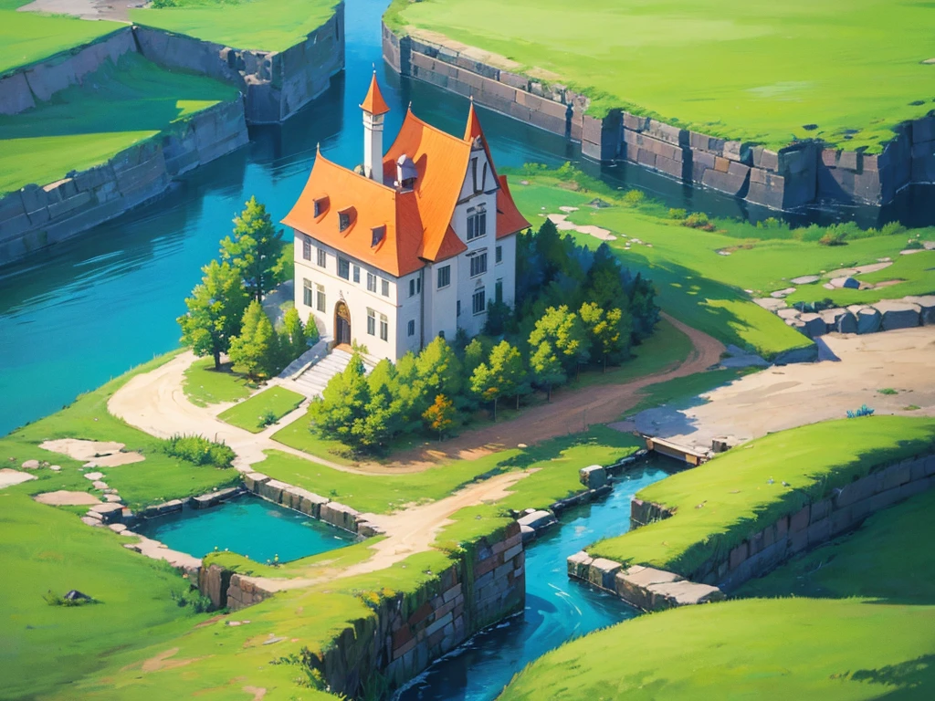 In this anime-style fantasy world, you see an expansive green landscape stretching as far as the eye can see. The sky is clear blue with a few scattered white clouds, and the warm sunlight bathes the scene, giving it a peaceful and inviting atmosphere.
In the distance, there's a small town filled with houses with orange and red rooftops. The most prominent feature is a large stone castle perched on a hill, with tall towers that stand out against the horizon. Some towers have flags gently waving in the breeze. Roads and bridges connect various parts of the town, making it look like something straight out of a fairy tale.
The vast green fields are dotted with large trees, and in some areas, colorful flowers bloom, adding vibrancy to the scene. A small river winds its way through the landscape, creating a soft, calming sound as it flows.
You might also spot some fantastical creatures, like small dragons or cute animals, wandering through the fields, adding a touch of magic and otherworldliness to the scene.
This description should help you visualize the anime-style fantasy world with a vast green landscape and a distant town clearly and vividly