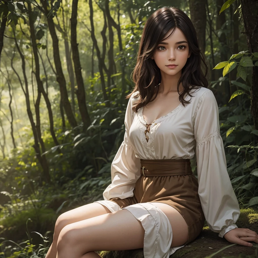 "A medieval-inspired female character named Liora, with a youthful appearance that makes her look like she's in her late s, though she's actually 30 years old. She has a bright and lively demeanor, with an energetic and cheerful expression. Her face is androgynous, closer to a boyish look, with soft, youthful features. Her hair is short and practical, in a natural color like brown or black. Liora has a slender build with a small bust and shorter stature. She is wearing a practical outfit that resembles the attire of a countryside boy—shorts and a simple shirt or tunic in a natural, earthy color palette. In this scene, Liora is sitting up in a soft bed of grass, looking around with a slightly confused expression as she takes in her surroundings. The background is a lush forest, blurred to keep the focus on Liora."