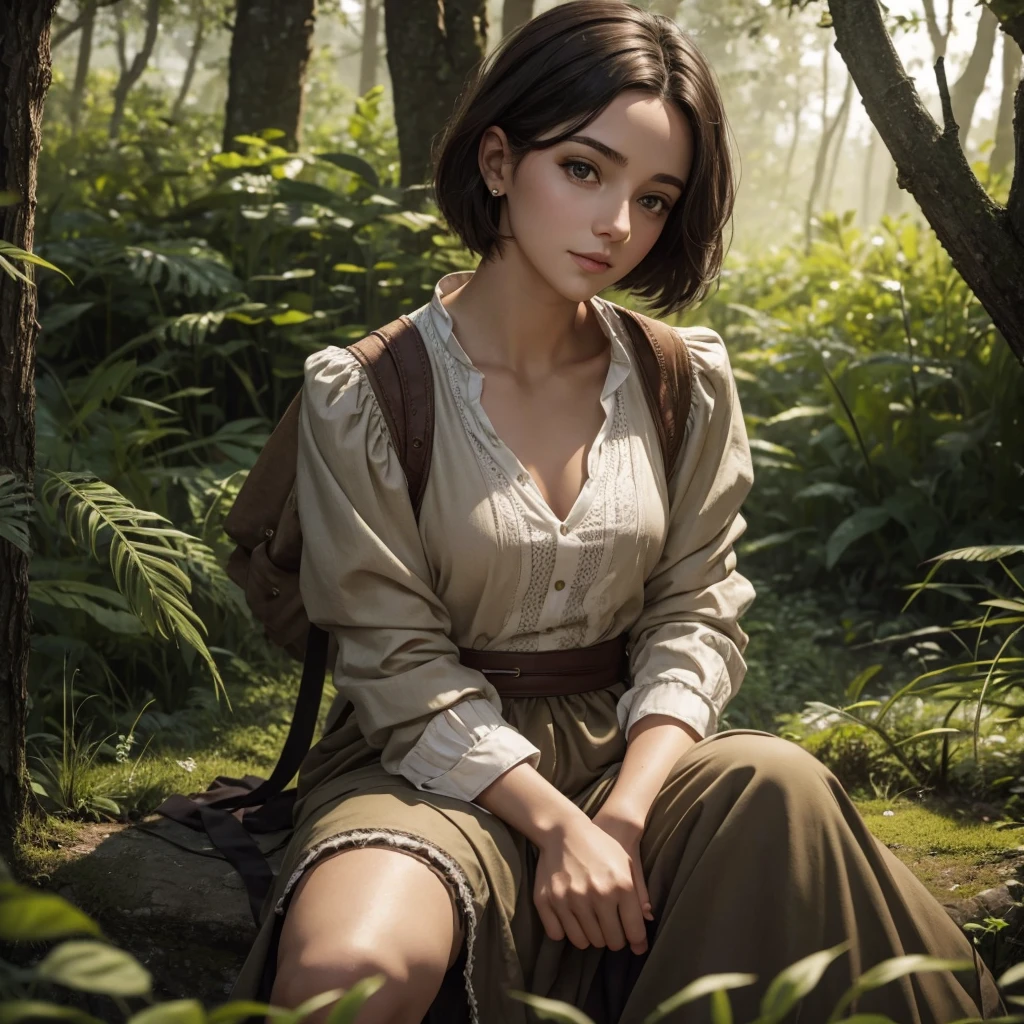 "A medieval-inspired female character named Liora, with a youthful appearance that makes her look like she's in her late teens, though she's actually 30 years old. She has a bright and lively demeanor, with an energetic and cheerful expression. Her face is androgynous, closer to a boyish look, with soft, youthful features. Her hair is short and practical, in a natural color like brown or black. Liora has a slender build with a small bust and shorter stature. She is wearing a practical outfit that resembles the attire of a countryside boy—shorts and a simple shirt or tunic in a natural, earthy color palette. In this scene, Liora is sitting up in a soft bed of grass, looking around with a slightly confused expression as she takes in her surroundings. The background is a lush forest, blurred to keep the focus on Liora."