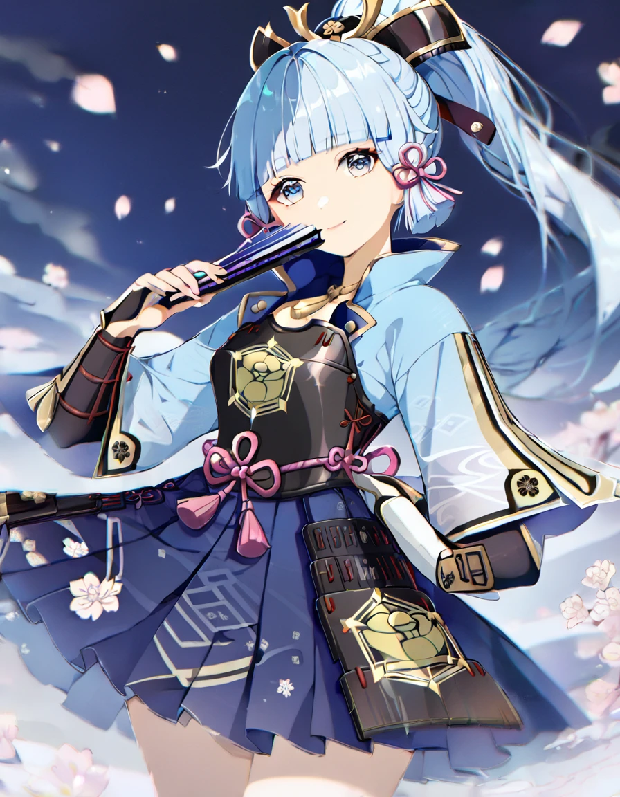 Ayaka Kamisato(genshin impact, adult women, light blue hair, ponytail, light blue eyes, light blue kimono, navy blue skirt, black breastplate, light smile), Holding a folding fan