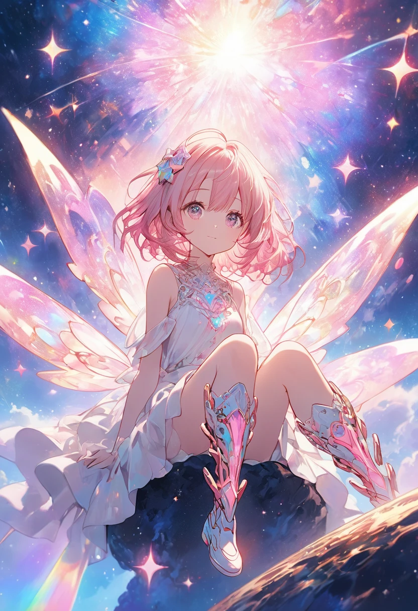 Detailed manga-style image of cute girl, Ethereal anime character, short pink hair girl, sitting in a cosmic wonderland, vibrant colors, celestial glow, intricate mechanical legs, magical atmosphere, starry background, dreamlike quality, detailed illustration style.