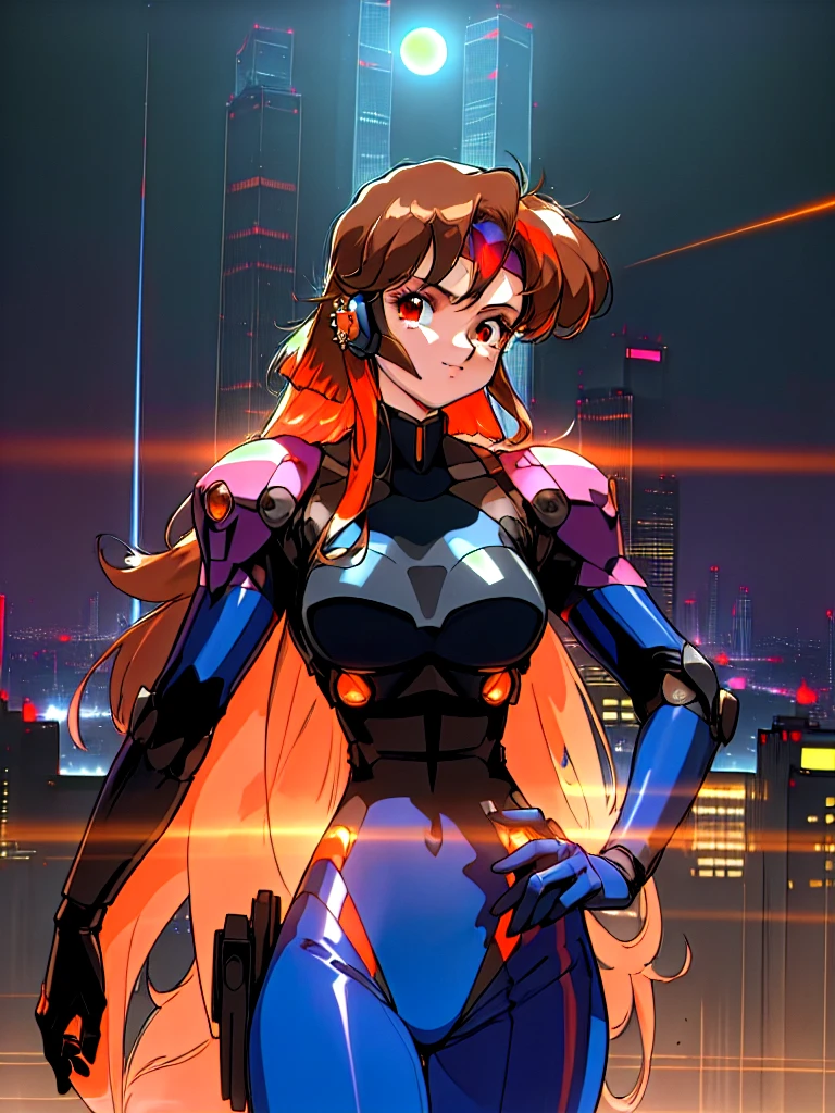 Kenichi Sonoda, retro art-style, 90s Japanese Anime Style, "bubblegum crisis", Sci-fi, Cyberpunk, Neon, (Amid the neon-soaked skyline of towering skyscrapers in mega Tokyo, 20-year-old anime beauty Pris stands alone on a gleaming skyscraper spire, bathed in the dazzling glow of the full moon. Her striking features are accentuated by a dark blue metal hard suit adorned with vibrant orange lines inspired by Syd Mead's industrial machine designs. Her brown medium-length hair frames her piercing gaze while she flashes a confident smile at the viewer. With fearless determination etched on her face, Pris is imposing and her entire presence exudes an aura of cool, stylish elegance. The smooth curves of her shadow, backlit by the moon, create a captivating silhouette, showcasing her unparalleled charm. (She takes off her uncomfortable full-face headset and lets her hair flow freely in the cool night breeze.), A beauty under the watchful eye of the city's towering skyscrapers.), 1girl, solo, The main character, "Priss", 20yo, anime beauty, Cool beauty, Unparalleled beauty, Brown medium length hair, forehead, red eyes, Cold and sharp eyes, harsh brushstrokes, dramatic lighting, A dark blue metal hard suit with orange lines has a sophisticated design, fearless look, an expression of ridicule, smile, Standing alone in the backlight, she looks cool and stylish, Standing, (looking at viewer), close-up photography of upper body, bust shot, Depth of field, character focus, (masterpiece, Award-winning work, extreme quality, ultra high definition, all intricate, overall detailed, very aesthetic, boast pompously, focus on entire screen, asymmetrical, raytraced, caustics, textile shading, incredibly absurd resolution, absolutely resolution, ultra high resolution, professional, vivid colors, 16k, perfect anatomy, ideal facial features, Beautifully detailed face, Beautifully detailed eyes, ideally proportioned figure, perfectly beautiful body),