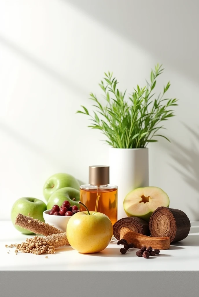 background white, Coriander and apple, offering a fresh and spicy start. Frankincense and pepper, adding depth and a hint of warmth exotic vanilla and bubinga wood giving a rich and woddy conclussion, on the table white aestethic