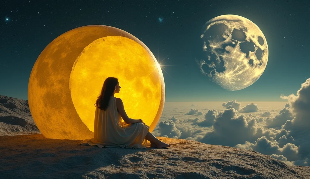 woman on the moon sitting inside a yellow bubble, looking towards the exploding earth,
