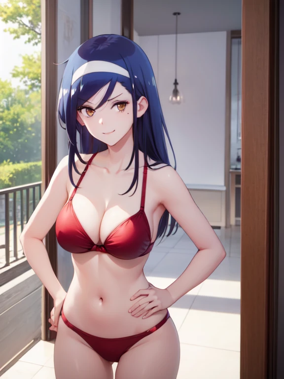  masterpiece, best quality, large breasts, 1girl, solo, arrogant face, looking at viewer, front, big breasts, front, cleavage, both hands on hips, evil smile, breast focus, smirk, height 145cm, red bikini, fumino furuhashi