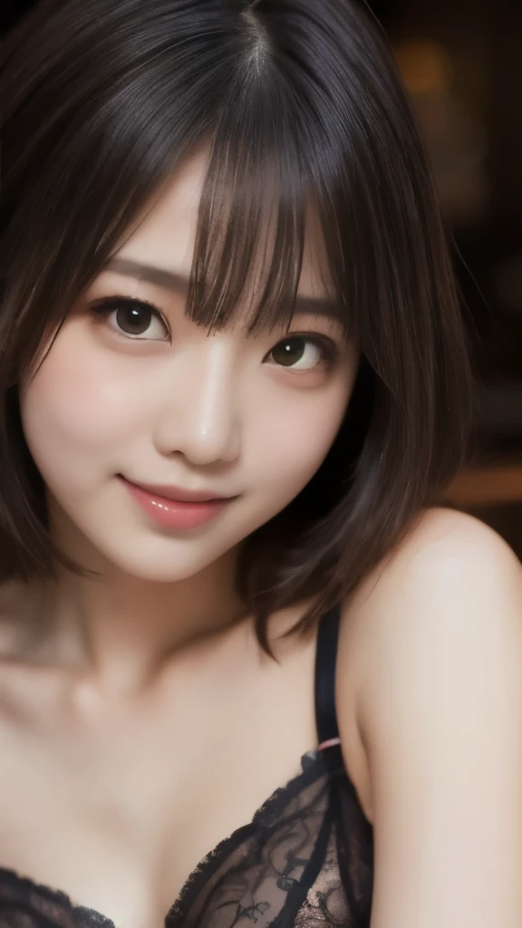 8k,Highest quality,(masterpiece:1.2),(Realistic),(Realistic:1.37),Ultra-high resolution,One Young Woman,bedroom,Short Hair,smile,Beautiful Eyes,(((lingerie))),Perfect body,Perfect Fingers,Professional Lighting,gravure,Detailed face and skin texture,fine grain,RAW Photos