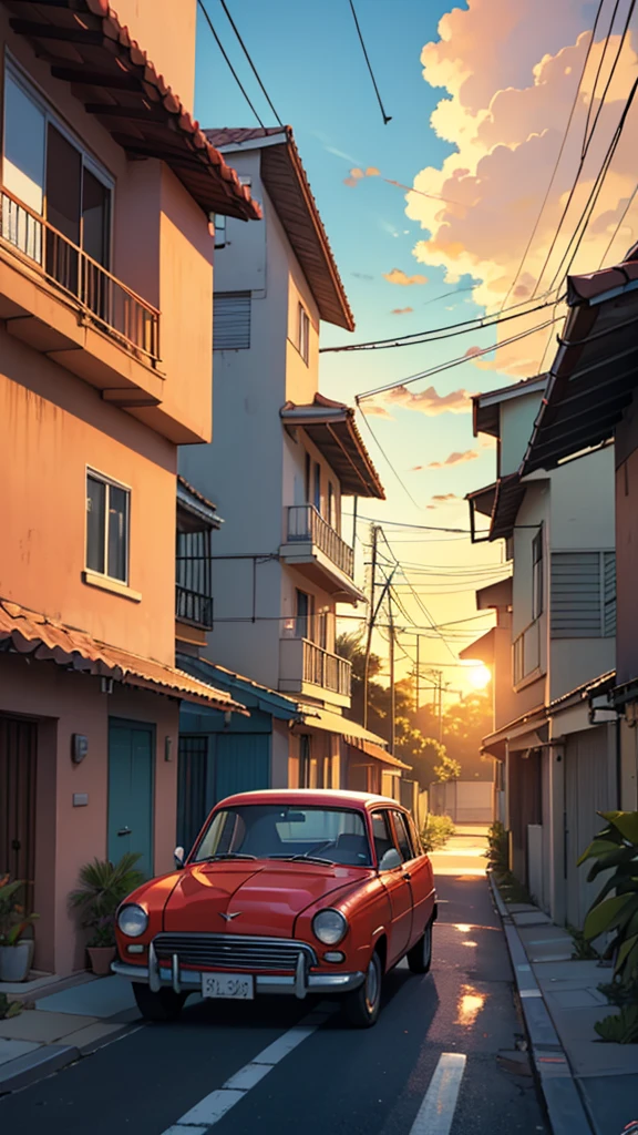 Digital illustration depicting a vibrant sunset scene in a tropical setting. The layout features a street lined with palm trees and small houses with tiled roofs on the left side. A classic red car is parked on the street, facing away from the viewer, with its license plate visible. The sky is ablaze with shades of orange, red, and purple, casting a warm glow over the entire scene. Power lines stretch across the sky, The overall atmosphere is serene and nostalgic, capturing the beauty of a tropical sunset. The artist's signature is present in the bottom right corner.