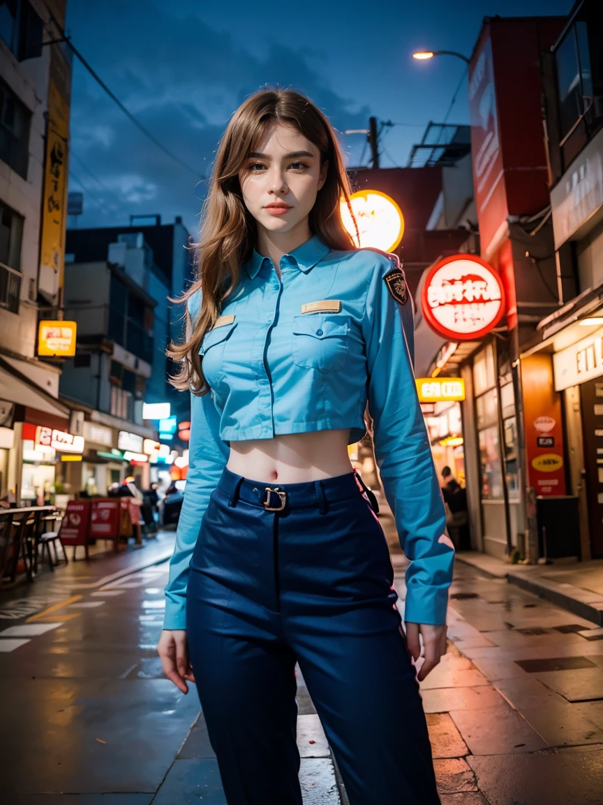 (1 lady), (Best quality at best:1.4), (ultra - detailed), (extremely detailed CG unified 16k), A Beautiful Woman with Perfect Figure: 1.4, Sharp Focus: 1.2, very detailed, High-definition RAW color photo, professional photoshooting, amazing face and eyes, cosmetics, (amazingly beautiful girl), ((asuka)), NOT Dasha Taran, ((police uniform, whole body police uniform, long sleeves blue navy shirt, police uniform blue navy pants)), standing, sexyposture，(Dark and stylish urban landscape, city lights, city lights:1.3), (look from down), realistic cinematic face, head to feet long wide zoomed out view, full body long view, photorealistic, ((realistic natural orange redhair style, blue eyes, long hair)), gorgeous, extremely beautiful face, perfect model beauty, pout mouth, Highly Detailed Face and Skin Texture, Detailed Eyes, Double Eyelids, Medium Breasts, Smile, cleavages, western, (masterpiece), best quality, high resolution, extremely detailed, blurred background, depth of field, cinematic lighting, amazing legs, combat boots, clear and well-cared skin, (((woman occupies most of the picture))), (photorealistic colors, photography colors)