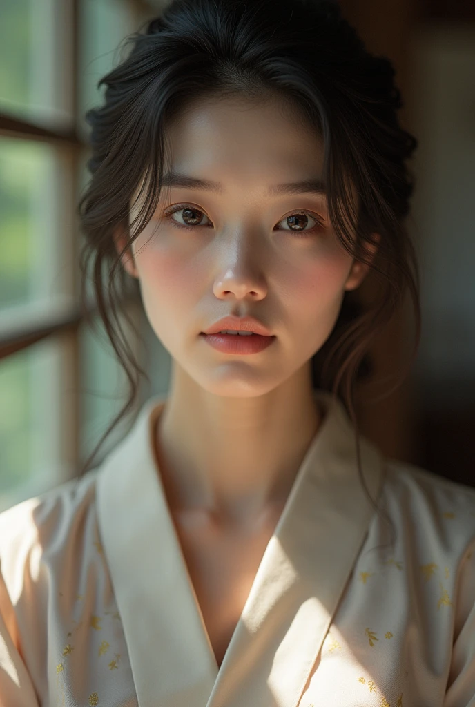 An elegantly dressed Japanese woman in natural light、A close-up of her chest and calm expression.、It shows her inner peace and outer charm.。