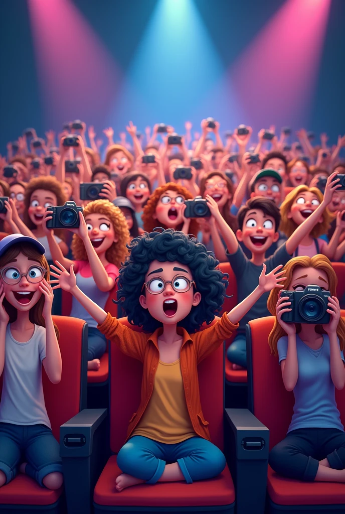 Create an audience in front of me in some seats taking photos, euphoric, all in cartoon