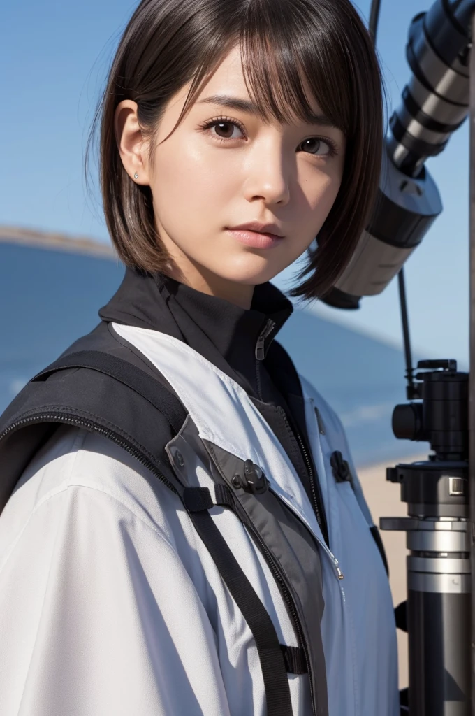 sf,sfmovie,artillery,Long-range missiles,movie「Foundation」based on ,woman,Adult,main character,28 years old,Hopeful Face,Brown eyes,Short Hairstyles,Black hair mixed with gray,Scientist Uniform,White researcher's coat,Wide grassland,traitor,chaosとしました,Future World,Socialist World,snow,chaos