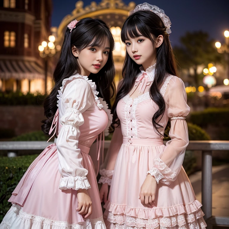 daytime,Side shot,In front of the amusement park castle,，skyscraper, best quality, Delicate face，beautiful visual work, lifelike,  eternity, black hair, Long curly hair, blunt bangs, Smile, Detailed Background,  Delicate face，pink blush，cold，((masterpiece))、(top quality)、8k、high detail、Super detailed，31 years old female，Wearing lolita dress、Seductive and whimsical style、masterpiece、born、Scenes resembling fairy tale illustrations、Intricate details and complex designs、Beautifully、magic、capricious、 Beautifully、Dream aesthetics、「𝓡𝓸𝓶𝓪𝓷𝓽𝓲𝓬、ethereal、charming、fickle、magic」、Realism、Visual effects、FXAA、SSAO、Shaders、voiceless、ambient lighting、Tone mapping、High resolution、Ultra high quality、Million pixels、(8K resolution:1.10)、8k、Below 8K、8K resolution、high detail、intricate details， (high quality:1.2、masterpiece:1.2、:1.21)、(31 years old female:1.21)、(Smile excitedly)、(Surrounded by the dreamy atmosphere、Model diagram，full-body shot，Normal 2 feet，Don't show your fingers，pink dress, lots of lace,layered dress， Long sleeve，Puff sleeves,Transparent sleeves，Bow at the back of the waist, Skirt length to calf, cupcake dress, Layered skirt with lace on each layer, Wear a LOLITA dress, layered dress, Pink lolita skirt, lots of lace, Long sleeve, Wide sleeves, Big skirt, layered lace skirt, Puff sleeves, Wide sleeves, Transparent sleeves子, intricate details showcase the ruffles and intricate designs of the Lolita dress, Wearing a lolita dress, Bow at the back of the waist, Skirt length to calf, cupcake dress, Layered skirt with lace on each layer, Wear a LOLITA dress, layered dress, Pink lolita skirt, lots of lace, Long sleeve, Wide sleeves, Big skirt, layered lace skirt, Puff sleeves, Wide sleeves, Transparent sleeves子, intricate details showcase the ruffles and intricate designs of the Lolita dress, Wearing a lolita dress, Cold Heat，mature woman, There are many bows on the dress