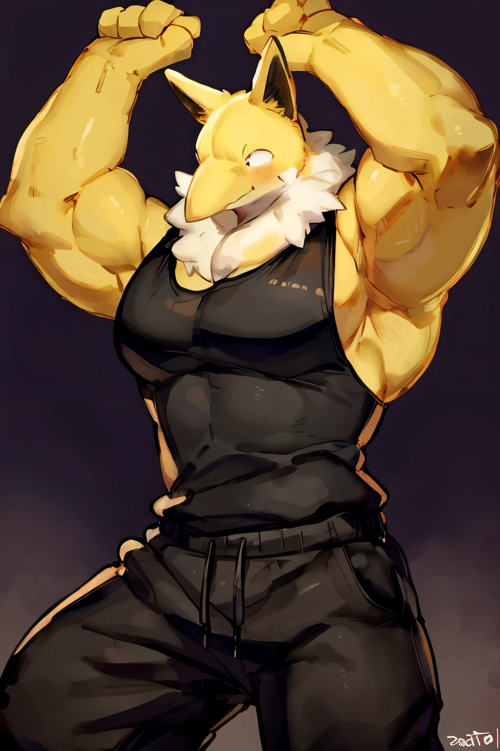 Furry, Anthro, solo, Hypno, Male, (((muscular body, massive male pectorals, yellow skin, fluffy neck, wearing white fur around neck))), ((((massive biceps, wide-eyed, head tilted)))), ((((((massive bulky torso, hands up, wearing black full male tanktop, wearing black sweatpants)))))), upper body, black/yellow spraypainted background, by buta99, by zackary911, by bebebebebe, (((digital painting)))