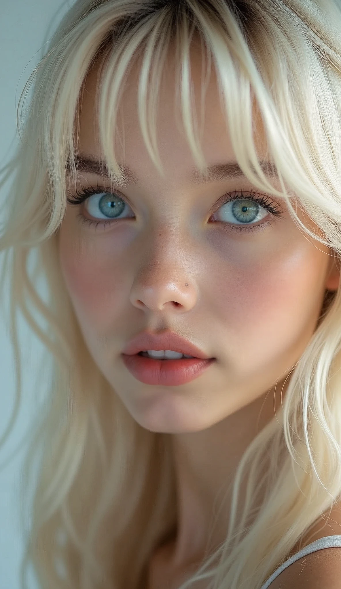 (a closeup:1.4)、(RAW shooting:1.2)、(Photorealsitic:1.4)、(​masterpiece:1.3)、(top-quality:1.4)、bright expression、extremely beautyful girl、Extraordinary beautiful girl、Detailed cute and beautiful face、Beautiful bangs、Glowing white shiny skin、facial hairs、Bangs that extend to the face、Bangs between the eyes、Super long hair、Attractive light and dark platinum blonde super long straight silky hainer hair、Attractive glowing beautiful bright clear light blue big eyes、Luxurious dresses、Double eyelids、Lush bust、The upper part of the body、