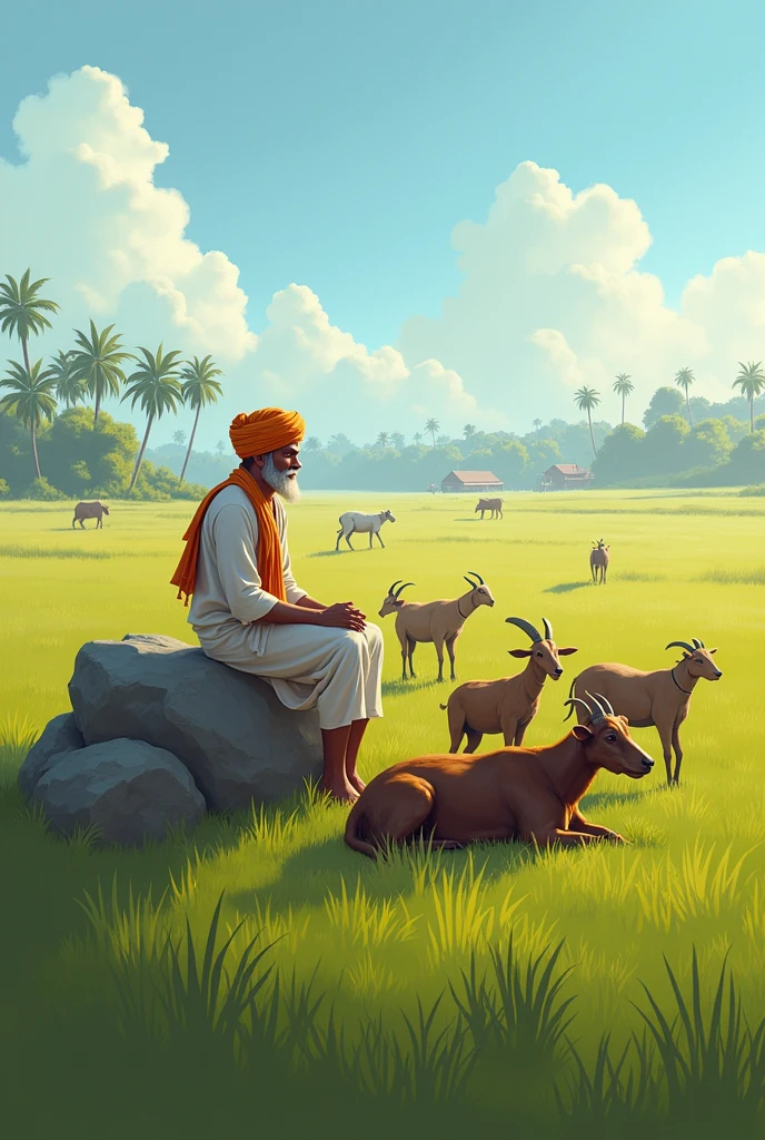 Prompt:
A serene rural landscape. A middle-aged Indian shepherd, wearing a traditional turban and kurta, sits on a large rock, watching over his flock of goats. The goats, a diverse group in terms of size and color, graze peacefully on the lush green grass of a vast, open field. The shepherd's loyal dog rests lazily at his feet. A distant village and palm trees dot the horizon, creating a picturesque backdrop.
