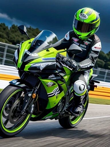 Kawasaki supersport motorcycle, cornering, woman hanging off, colorful racing suit