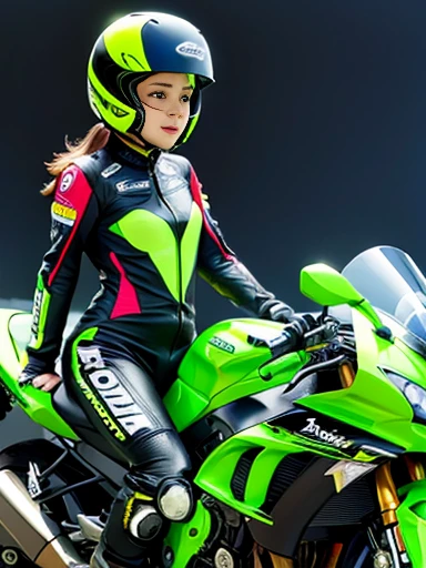 Kawasaki supersport motorcycle, cornering, woman hanging off, colorful racing suit
