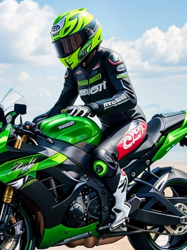 Kawasaki supersport motorcycle, cornering, woman hanging off, colorful racing suit