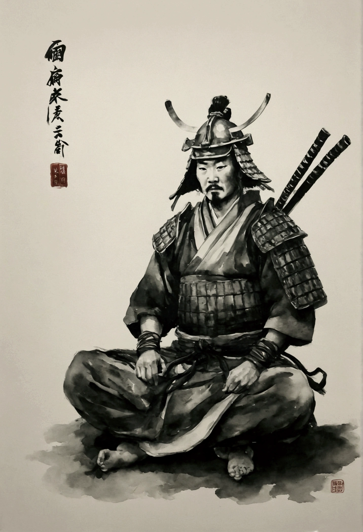 Black and white painting,Ink Painting,start,Mamba Hair,Samurai Armor,Sitting cross-legged,seppuku,Seppuku,