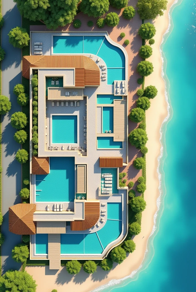 
1D floor plan of a beach hotel containing the reception area, a restaurant, The recreation space, the rooms, A SPA area, An area for people with disabilities, 3 swimming pools, Connection with green areas, That can be like an open space, The L-shaped parking lot One part in front and the rest alongside, 2 closed pits for dirty water in the green area outside the hotel